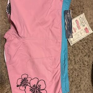 Pink Floral Swim Shorts with Blue Waistband